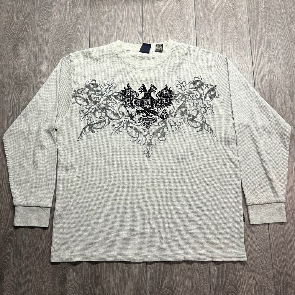 Karl Kani Gold Mens XXL Gray Waffle Thermal Shirt Y2K Graphic Long Sleeve Tee